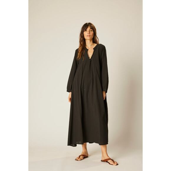 Natalia Martin Dresses & Skirts - Natalia Martin Fiore Black Flat Cotton Maxi Dress Caftan XS